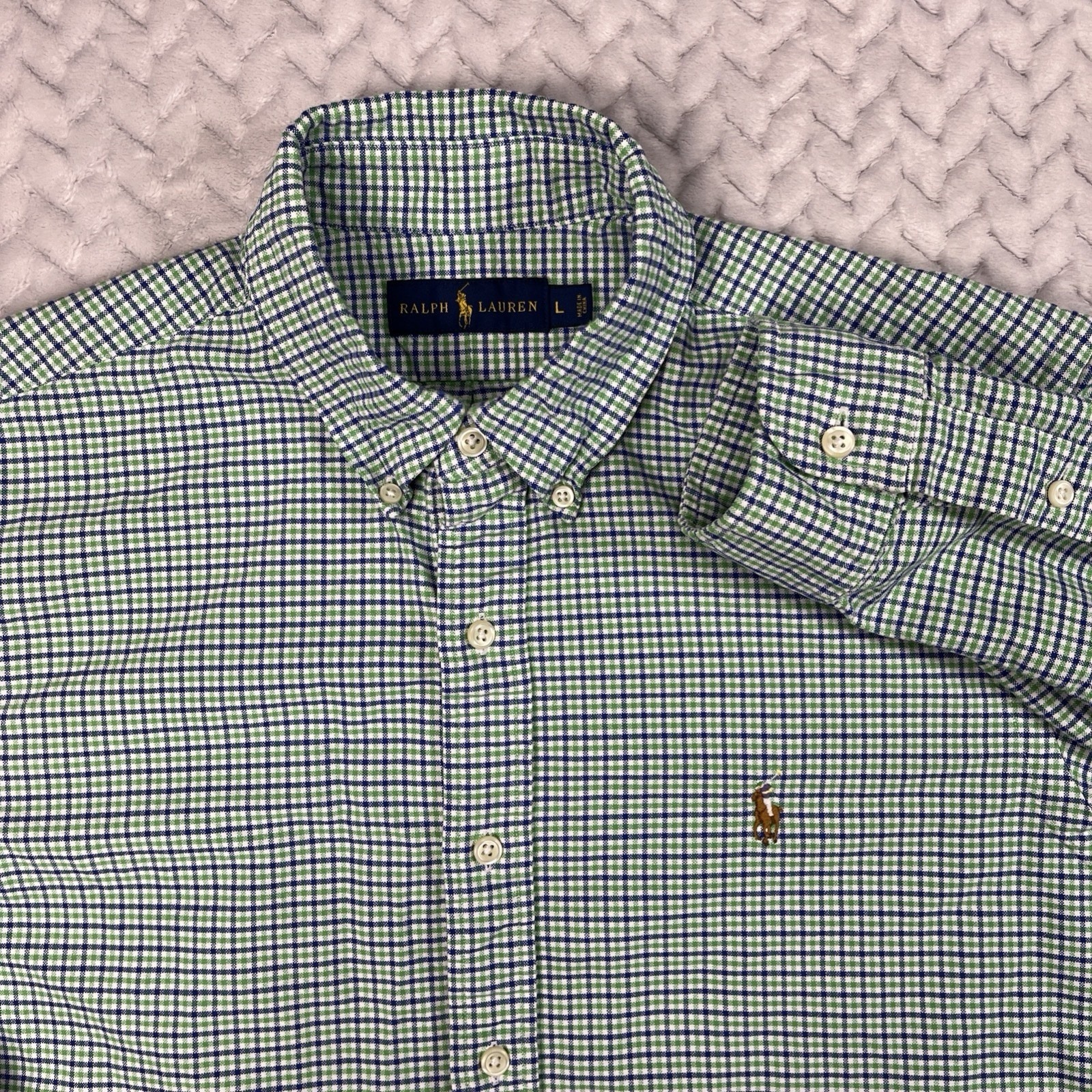 Ralph Lauren Shirt Mens L Blue Green Tattersall Check Classic Button Flesh Pony